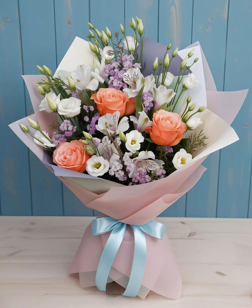 Букет цветов из: Лизиантусы, Розы, Альстромерии и Гипсофила в Железноводске